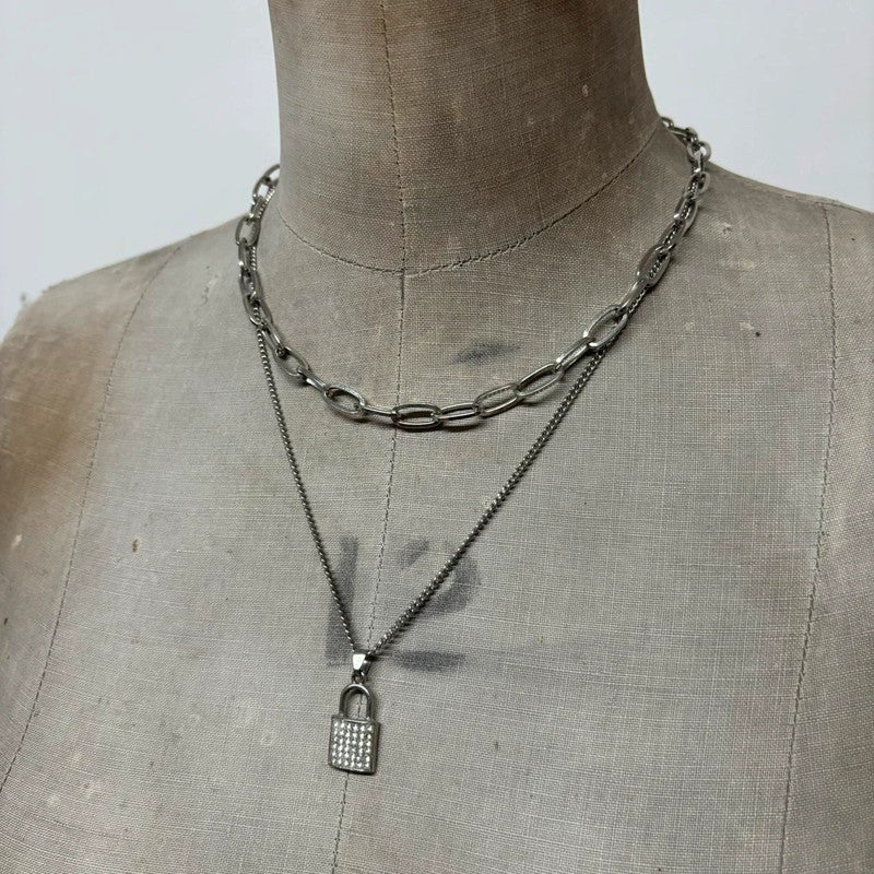 Layered silver padlock necklace