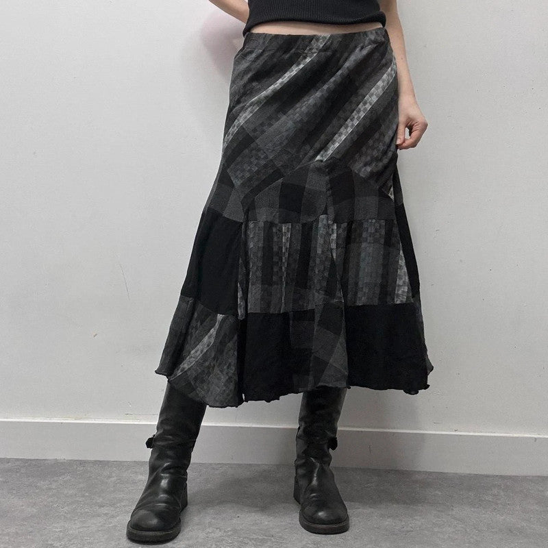 black striped tartan flare maxi skirt
