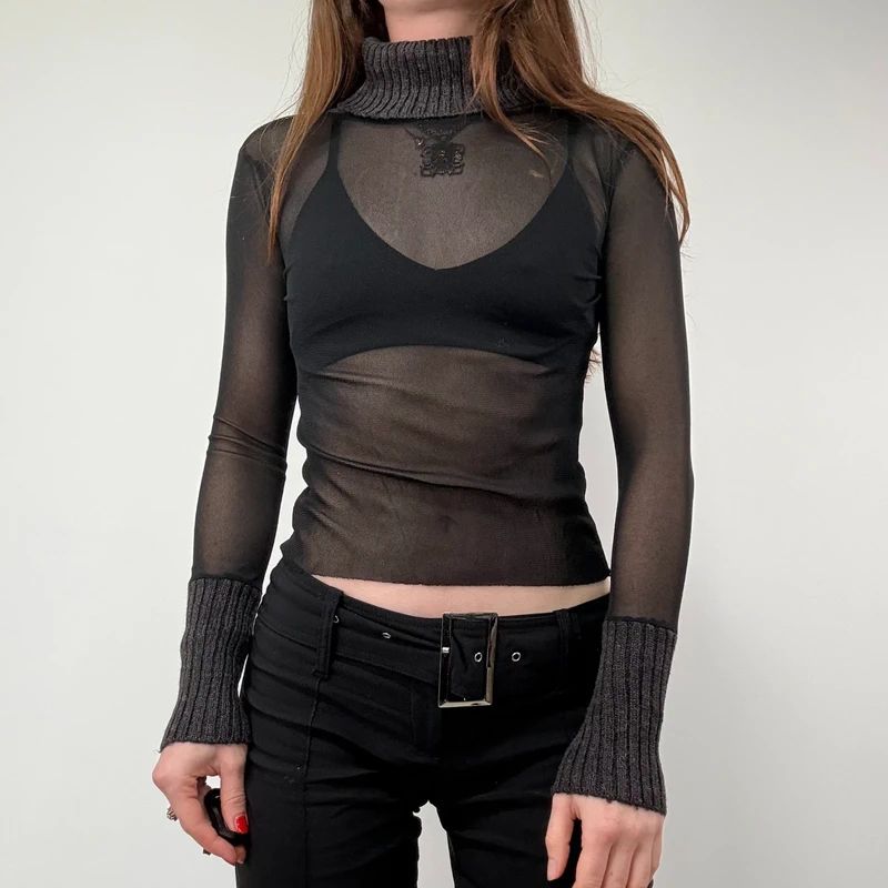 Black Ribbed Mesh Grunge Top