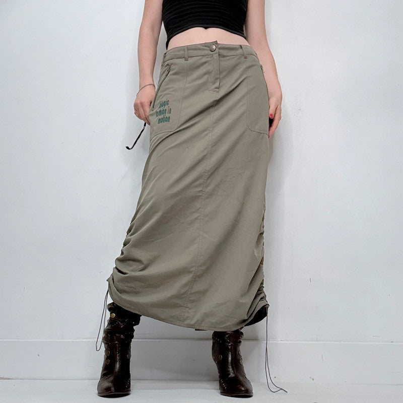 khaki gathered cinched maxi skirt