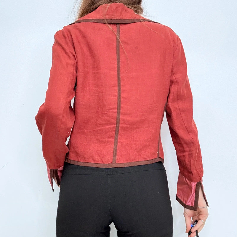 red linen cropped shirt jacket