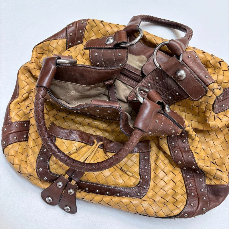 woven leather studded slouchy shoulder bag