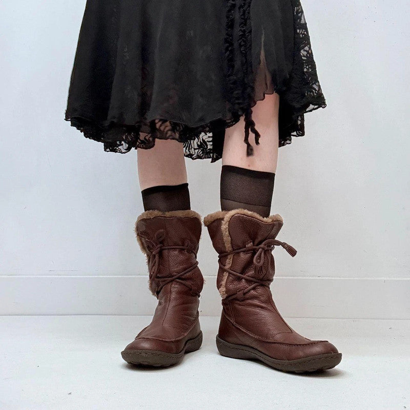 brown leather wrap faux-fur boots