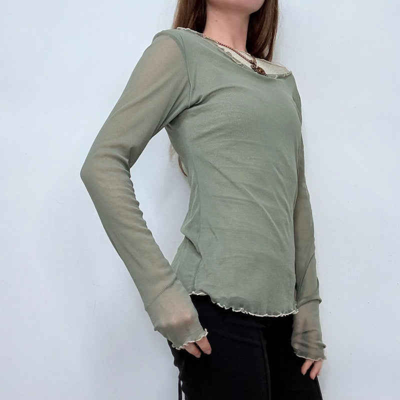 sheer layered khaki green slash neck long sleeve t-shirt