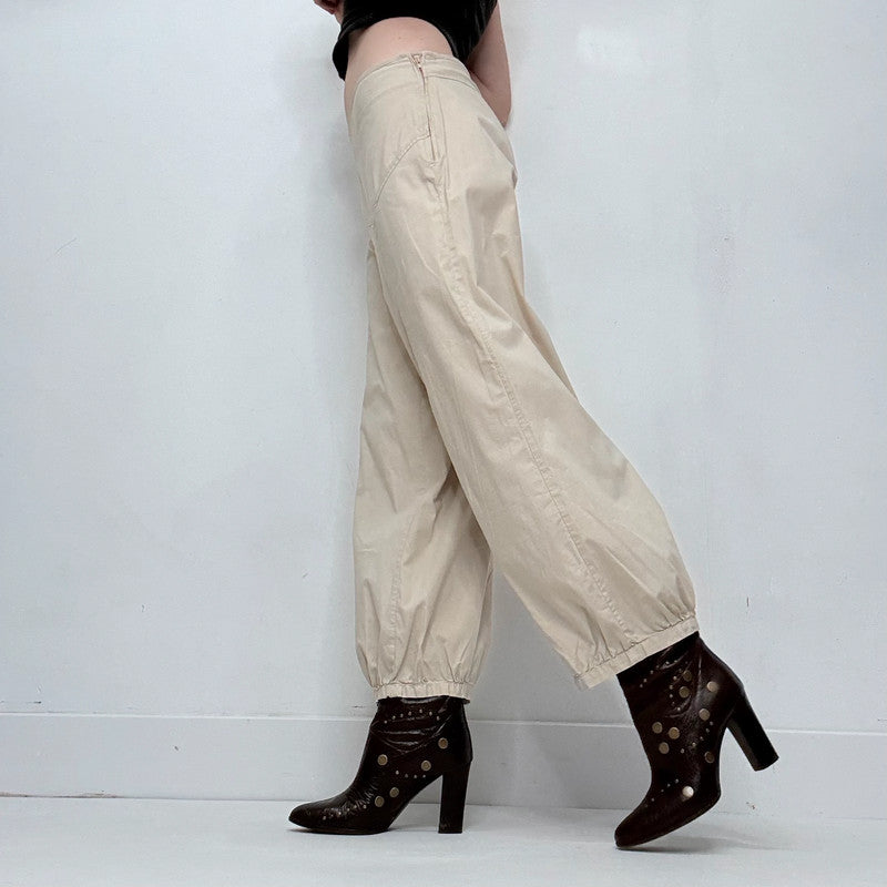 puff pleated barrel leg low rise trousers