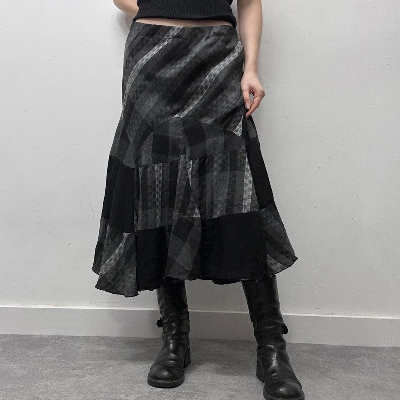 black striped tartan flare maxi skirt