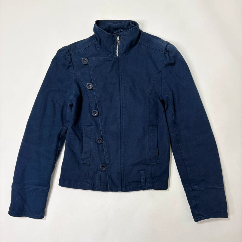 blue asymmetric button military jacket