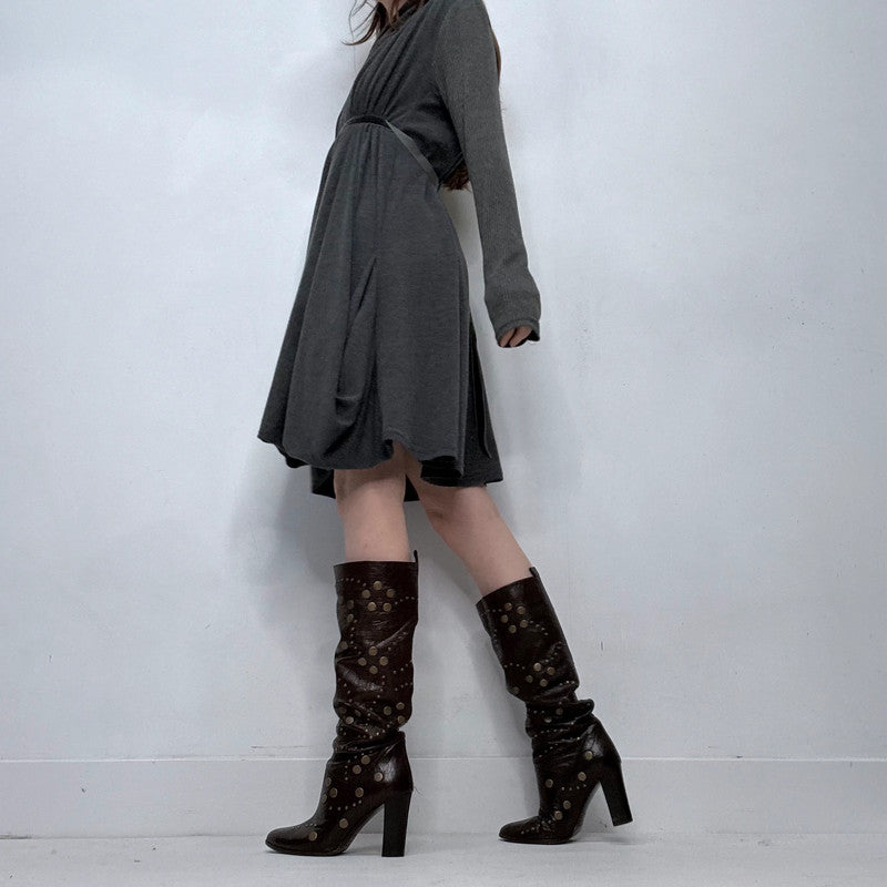 grey knitted long sleeve draped dress