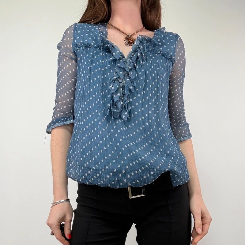 Blue Polka Dot Sheer Silk flutter Blouse