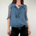 Blue Polka Dot Sheer Silk flutter Blouse