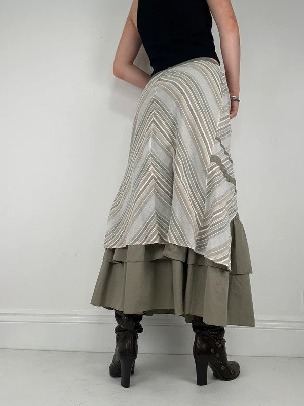 khaki layered pleated ruffle cotton maxi skirt