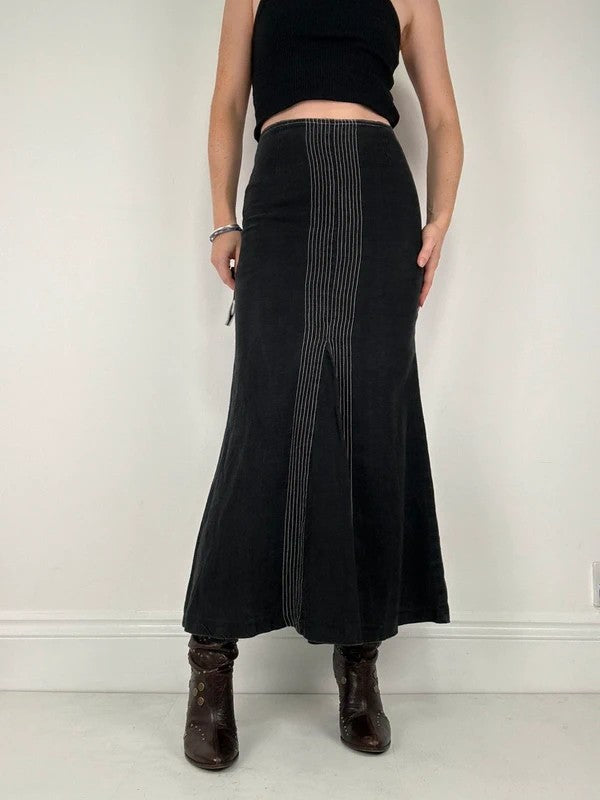 black linen high-waisted stitched flare maxi skirt