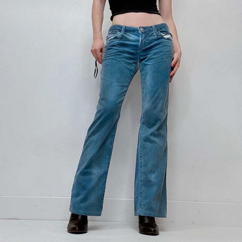 low-rise distressed blue crinkle jeans
