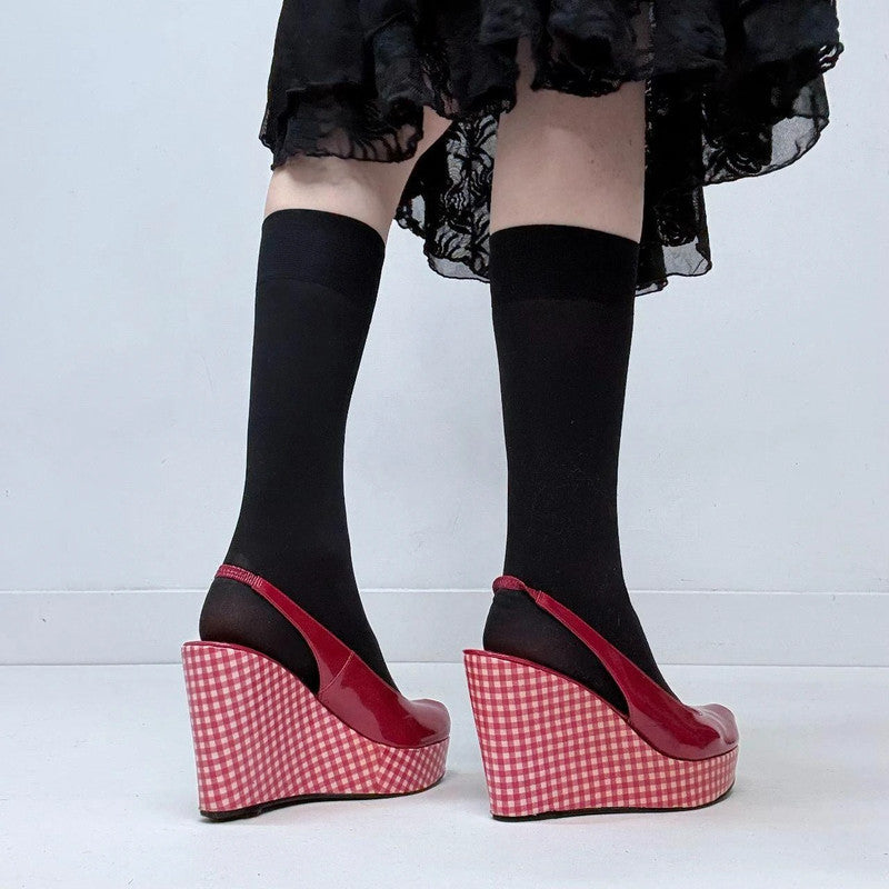 red gingham wedge heels