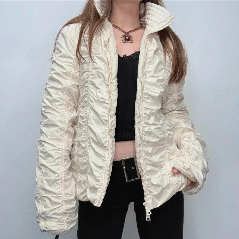 Pleated gathered cinched cream puffer jacket