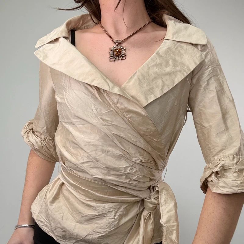 gathered crinkle silk structured wrap shirt