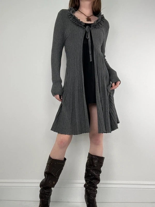 ribbed knit flutter grey long ruffle cardigan
