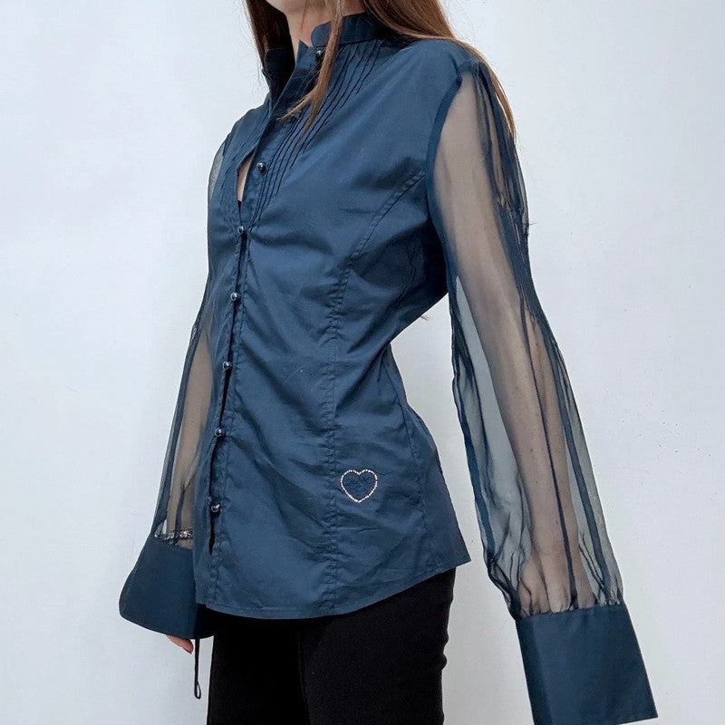 navy fitted shirt sheer puff sleeves