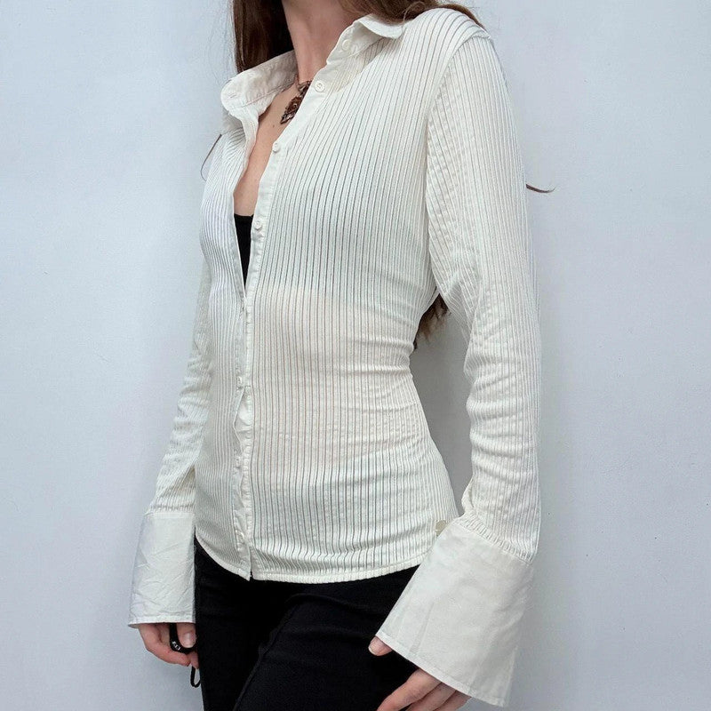 white pinstriped fitted stretch shirt