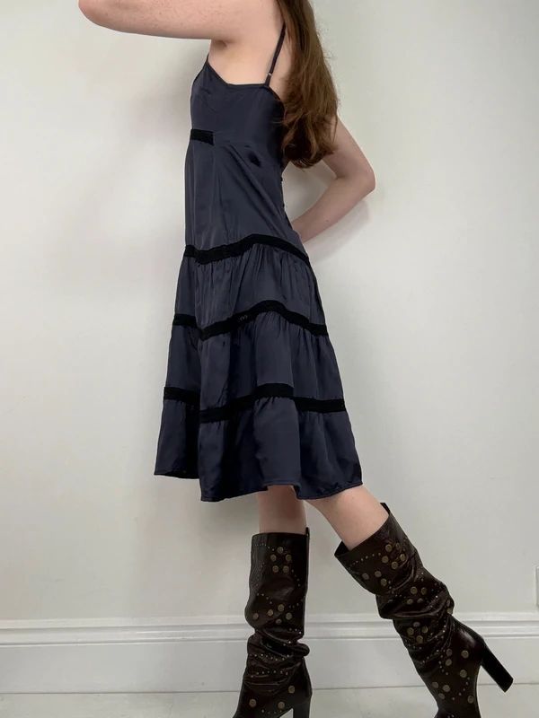 navy and lack lace flared tiered midi dress