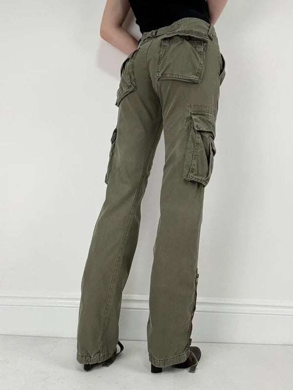 Low rise khaki flared cargo utility trousers