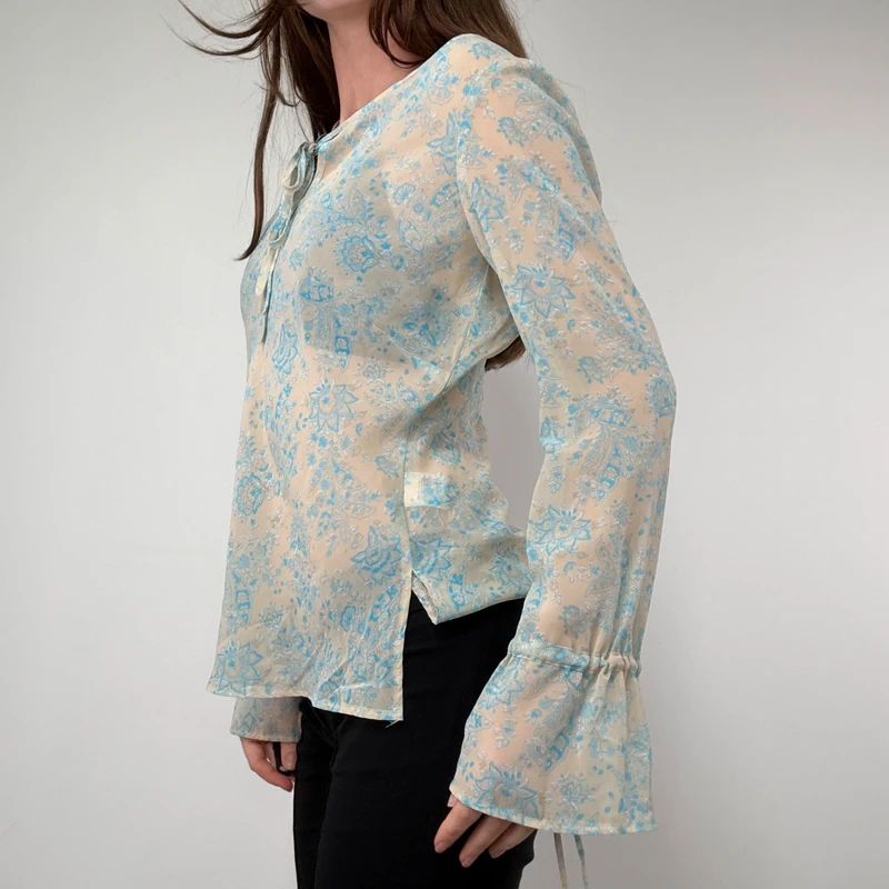 sheer floral flutter ETAM blouse with flare cuffs
