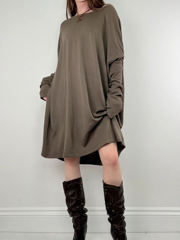 khaki batwing slouchy long sleeve dress