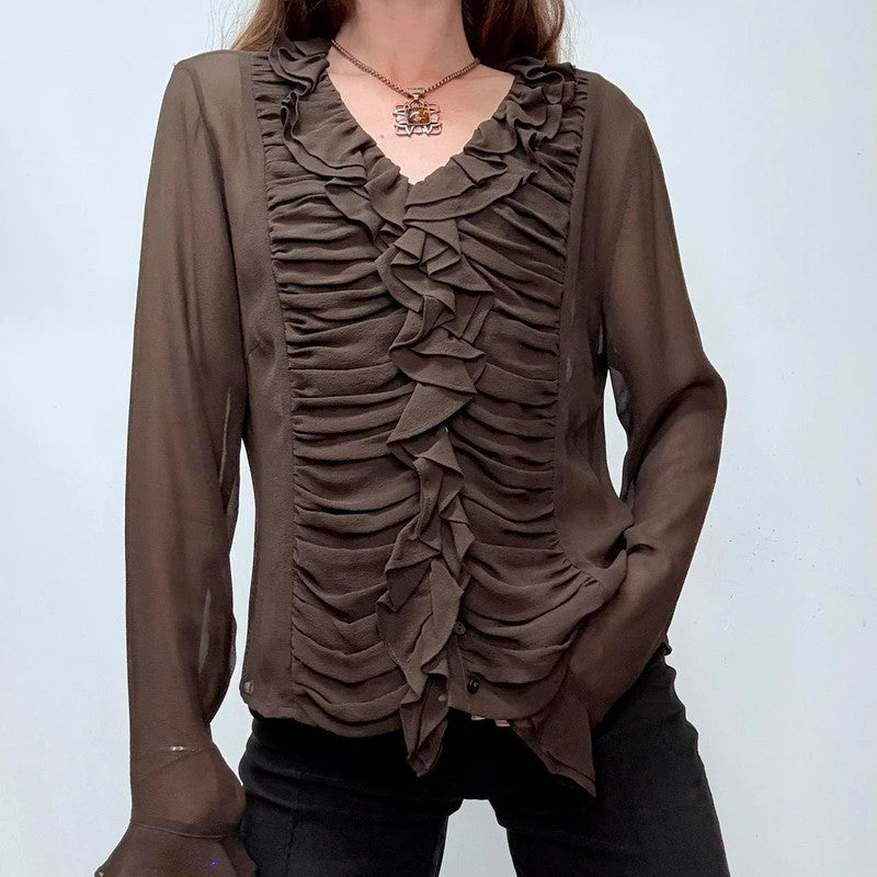 sheer brown silky gathered ruffle shirt
