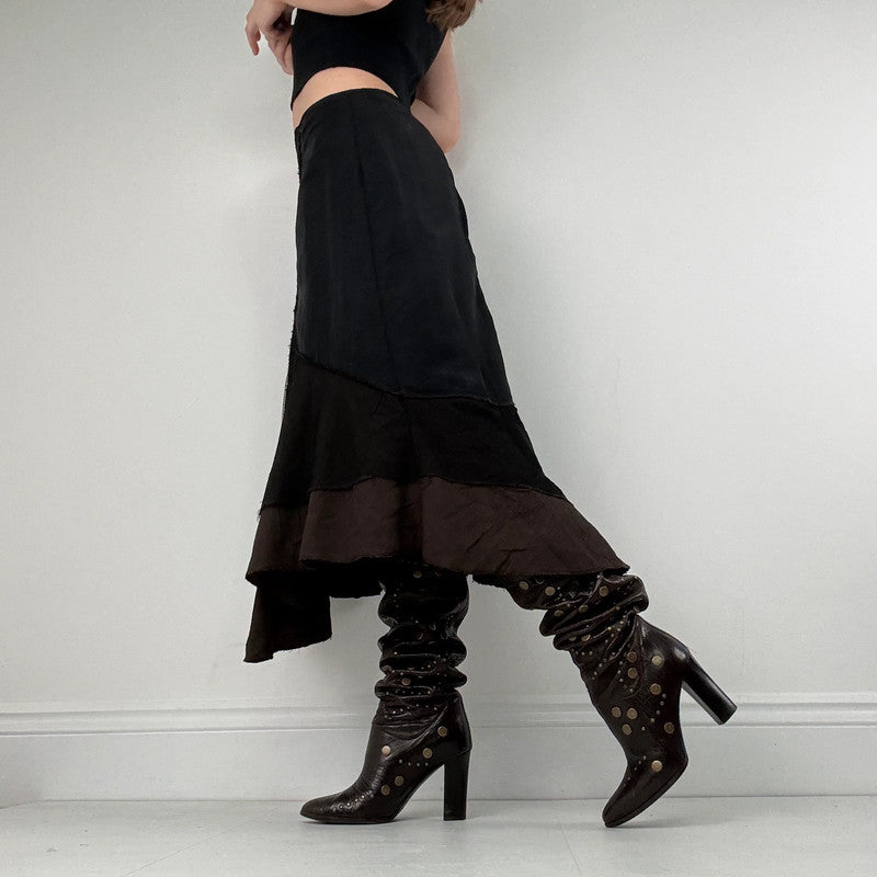 panelled patchwork asymmetric black midi skirt