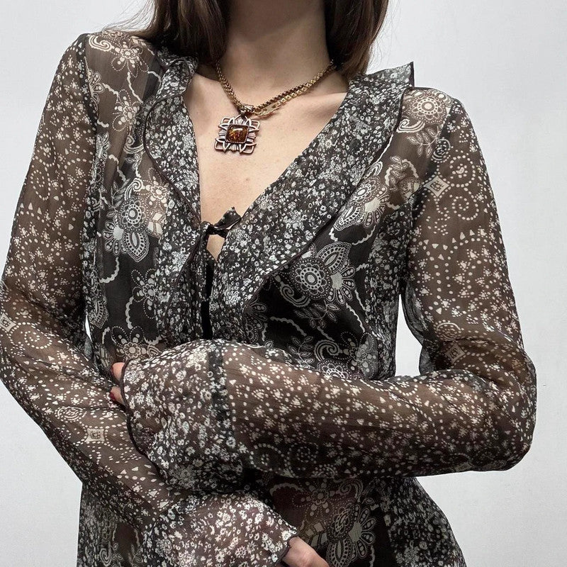 sheer paisley printed brown fairy shirt
