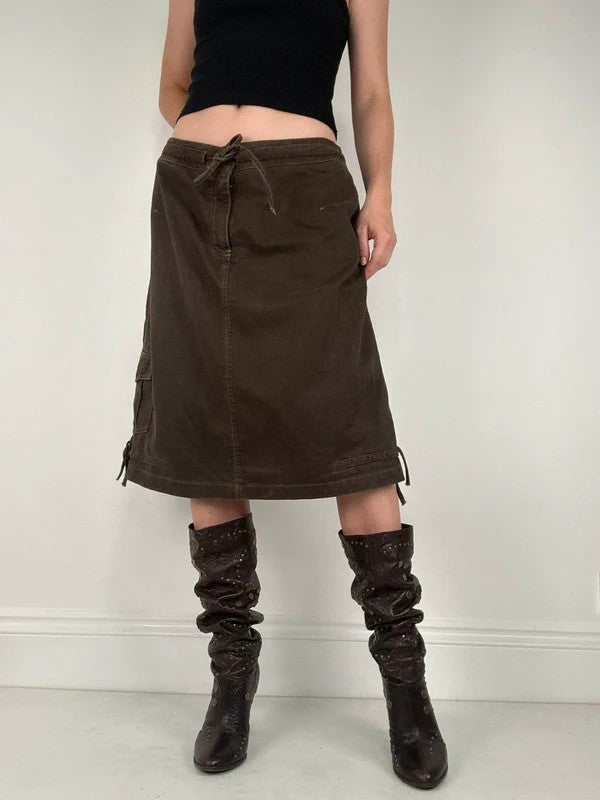 brown khaki pinstripe a-line midi skirt