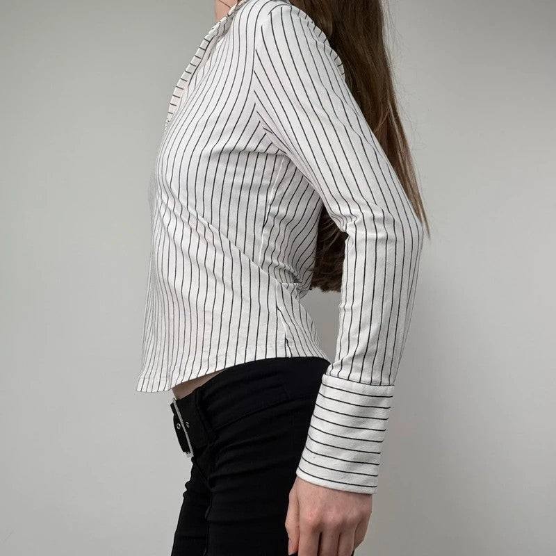 white pinstripe fitted flared shirt