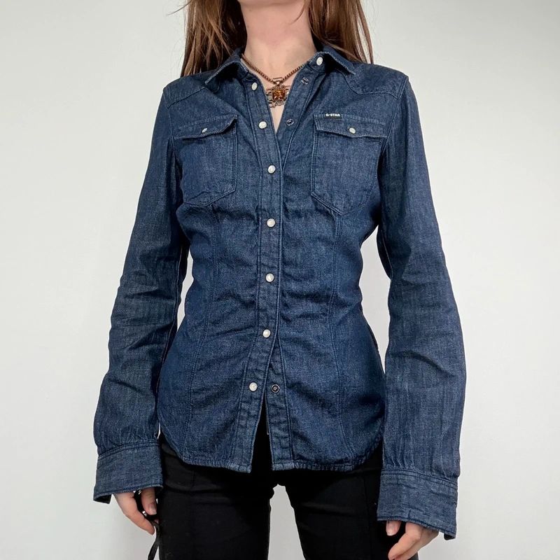 G-star raw dark denim gathered fitted shirt