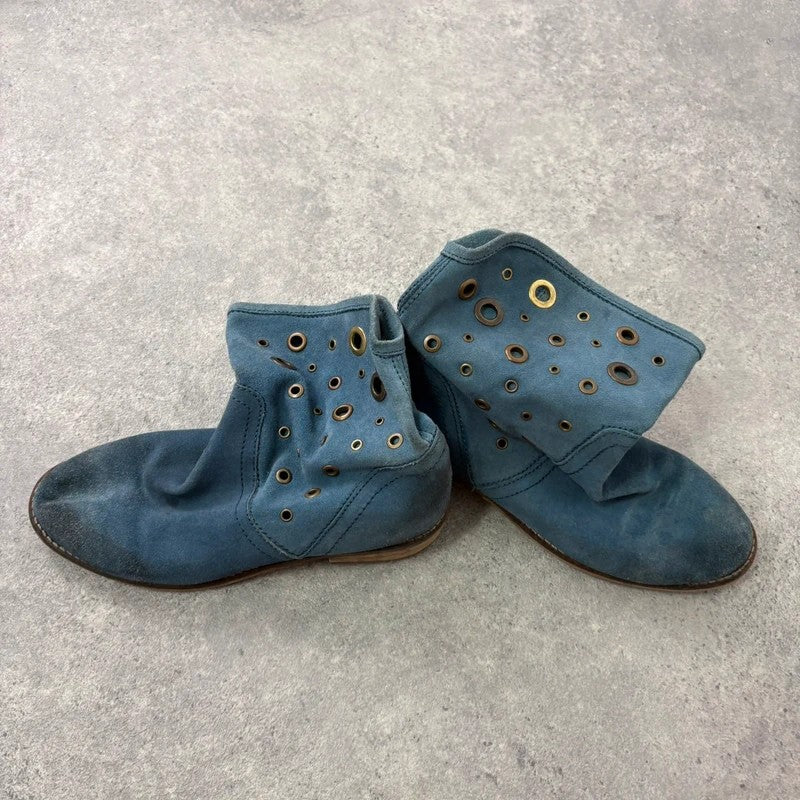 Blue suede studded eyelet ankle boots