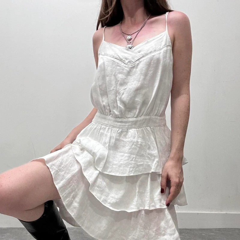 white linen ruffle dress