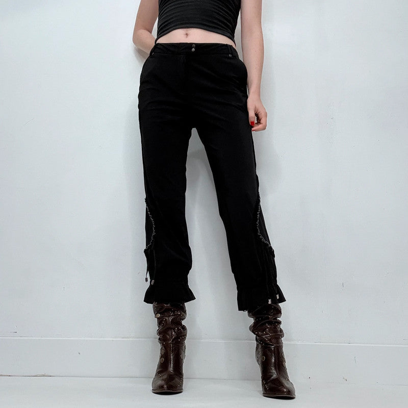 black grunge gothic cinched style ruffle capri pants