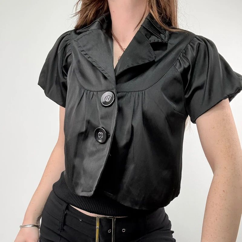 black satin cropped capped sleeve mini jacket