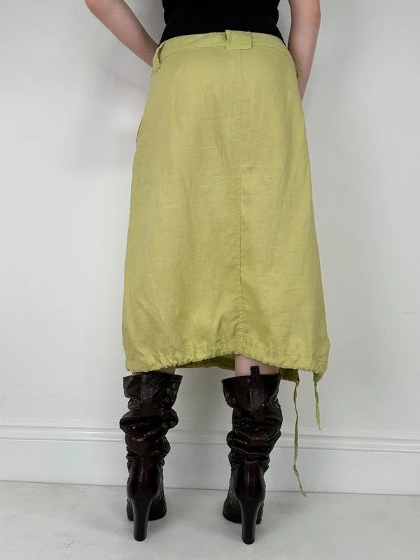 green Chartreuse 100% linen cargo grunge midi skirt