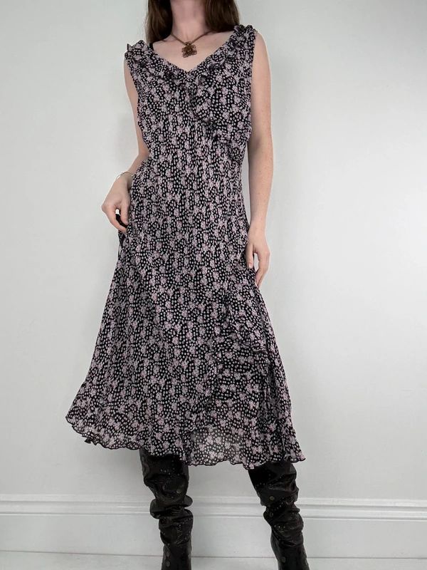 black polkadot ruffle flutter midi dress
