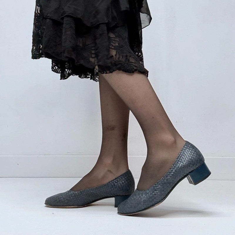 navy woven leather heel ballet pumps
