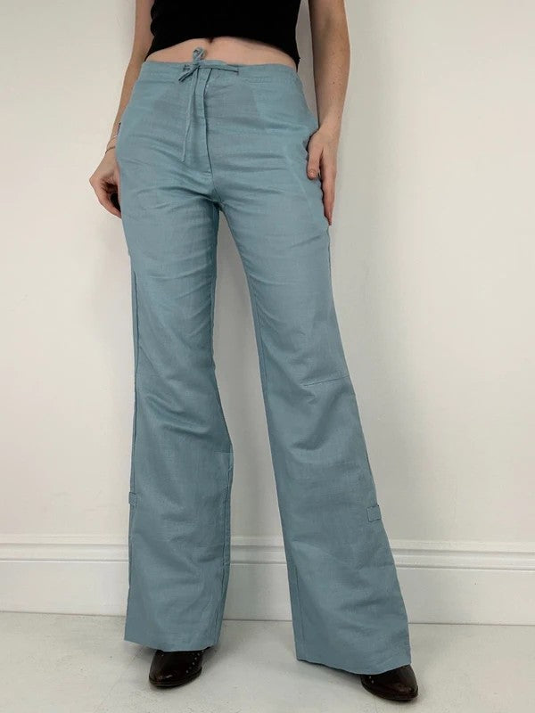 aqua blue wide leg linen trousers