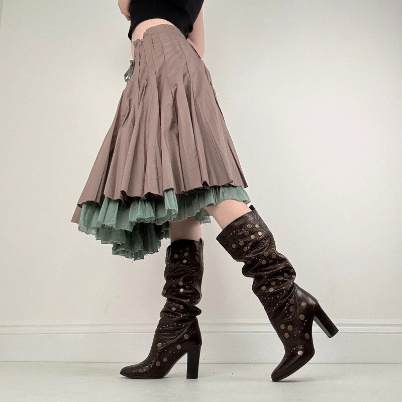 pleated flared cotton midi skirt