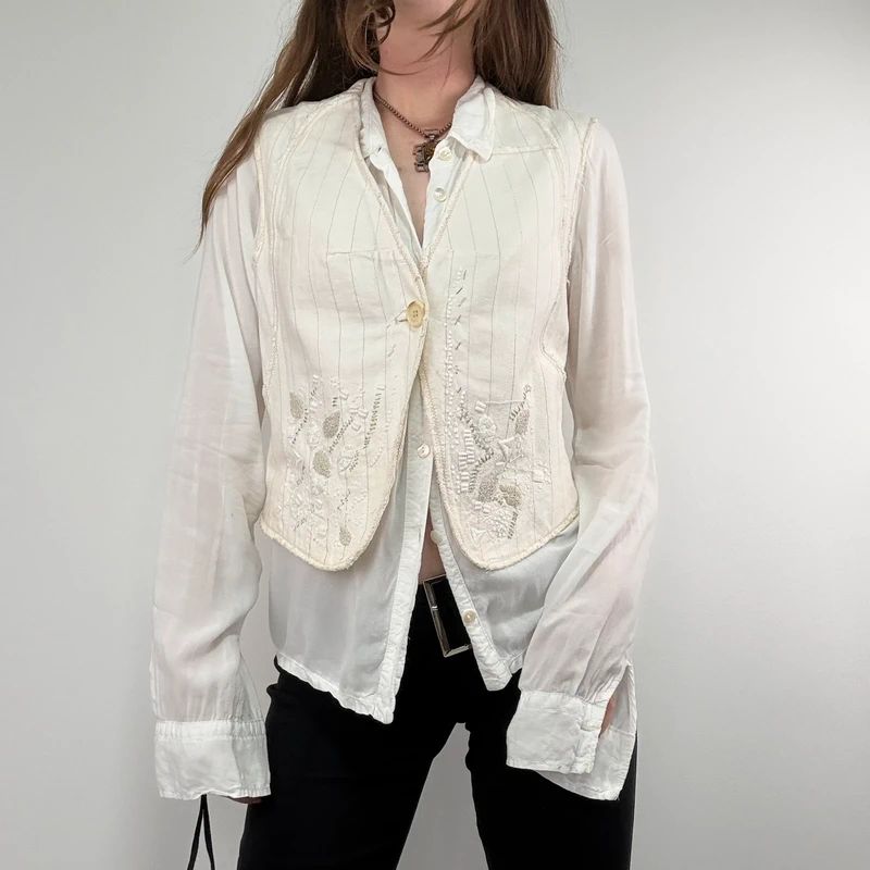 cream pinstripe Marithé + François Girbaud waistcoat vest
