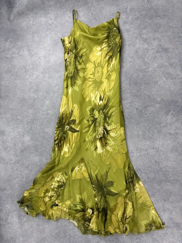 green floral watercolour silk bias cut maxi dress