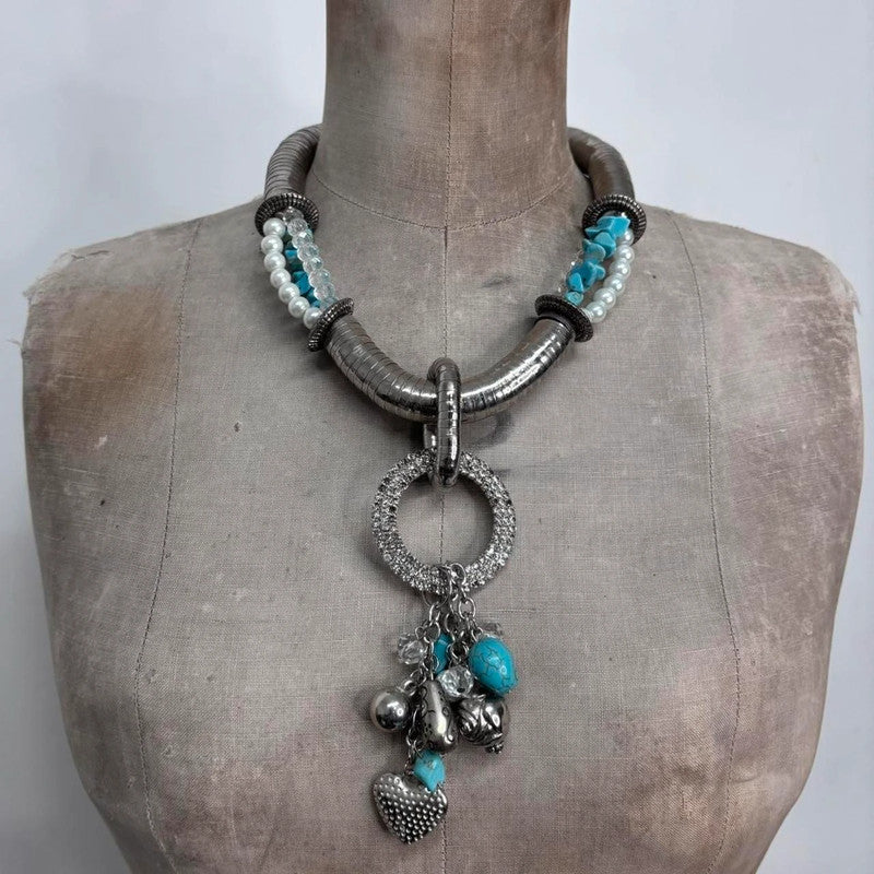 chunky oversized silver turquoise boho necklace