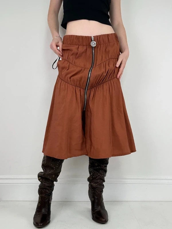 Cop Copine gathered ruched orange midi skirt