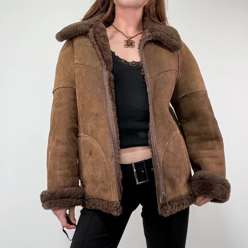 brown shearling aviator vintage jacket with zipper