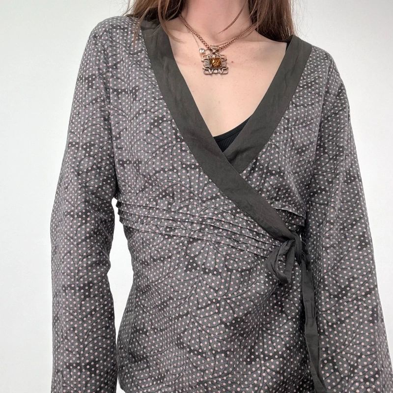 brown polkadot wrap shirt