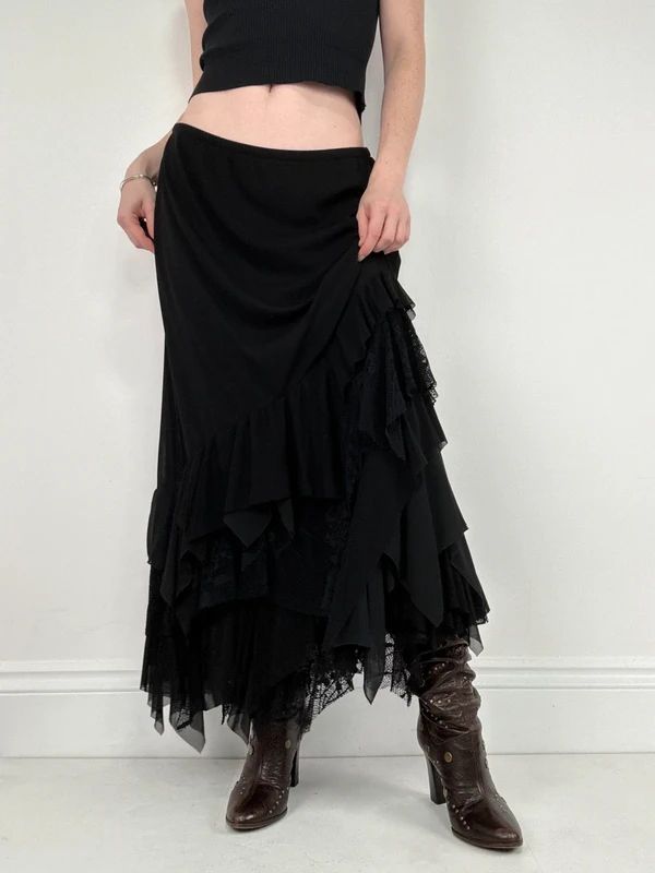 black ruffle grunge layered whimsygoth maxi skirt