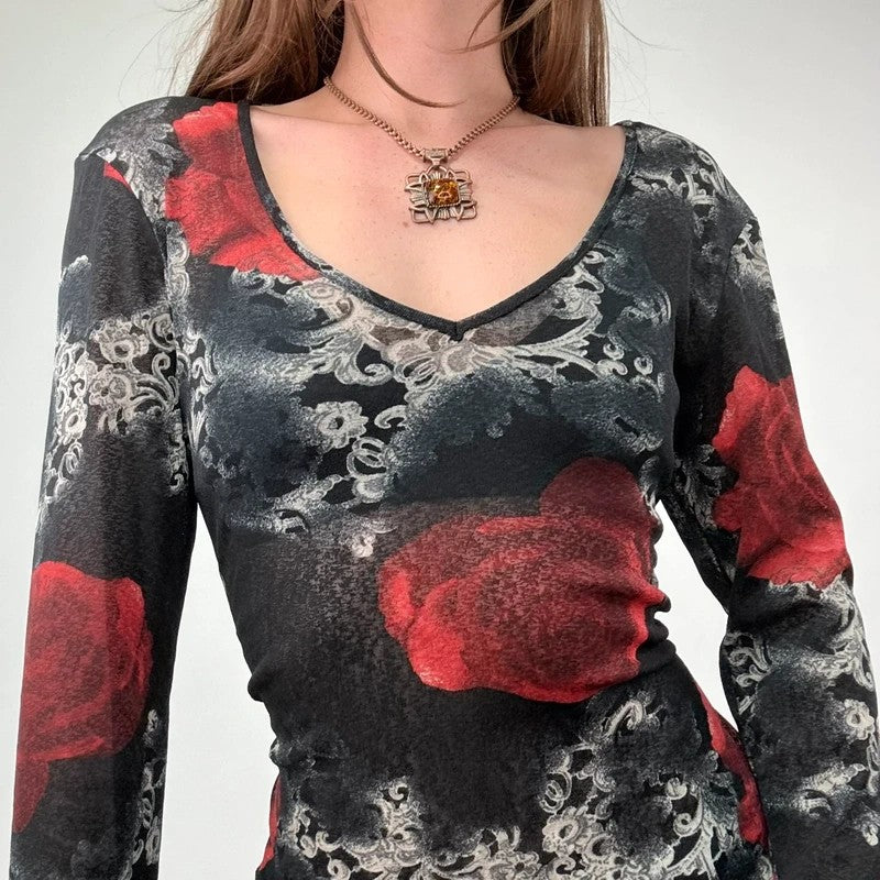 distressed floral rose print long sleeve mesh t-shirt